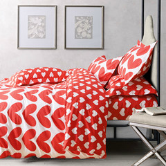 北欧简约全棉四件套韩式婚庆红色爱心纯棉床单三件套被套床上用品 床笠款 心心相印-红色 2.0m（6.6英尺）床