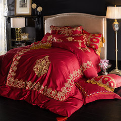 Cotton satin embroidered cotton bedding European high-end Red Lace Cotton wedding four piece scarlett 1.5m (5 feet) bed