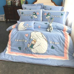 The high-end cotton embroidery cartoon four sets of children warm bedclothes boy girl 1.5m 1.8m bed bed Bed linen Cowboy blue 1.5m (5 feet) bed
