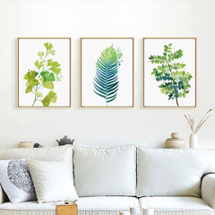 Nordic style green leaf plant murals, small clean art decorative painting, living room hanging picture sofa, background wall painting 50*60 (CM) Simple white clean frame Oil film laminating + low reflective organic glass