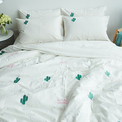 全棉可爱仙人掌水洗棉四件套刺绣 日式纯棉裸睡纯色床品床笠套件 白色 仙人掌 1.5m（5英尺）床