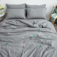 Cotton, cactus, water washed cotton, four piece embroidery, Japanese pure cotton naked sleep pure color bed product, bed hat kit, grey cactus 1.5m (5 feet) bed.