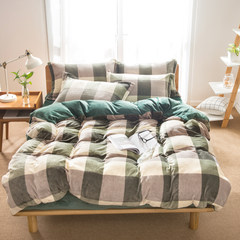 Winter warm crystal cashmere four piece set of fresh checker kit, fleece quilt, bedclothes, velvet bed sheet, generous green coffee 2.0m (6.6 ft) bed.