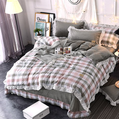 Winter warm crystal cashmere four piece set of fresh checkerboard kit, fleece quilt, bedclothes, washed cotton bedclothes, bed grey, 1.8m (6 ft) bed.