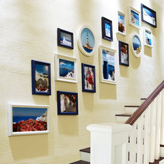 Staircase photo wall, one wall, picture frame, wall European style photo wall, creative living room, corridor hanging wall, photo frame combination White and blue Mediterranean \ \