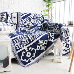 沙发垫沙发巾线毯针织美式北欧宜家毯子几何图案加厚靠背盖巾 蓝白几何 90+17垂边*160cm