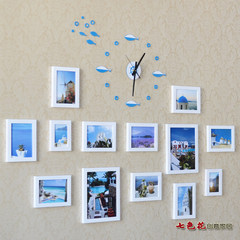 钟爱一生 实木照片墙+创意 鱼形钟表组合 适合放生活照的实木相框