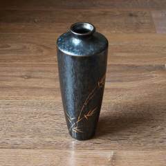 【八千山月】粗陶滴油黑釉 本金手绘竹纹 直筒 花瓶花器