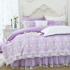 Korean pure color lace mordel thermal all-cotton four-piece set of pure cotton mixed bed skirt wedding wedding by a simple color purple 1.5m (5 ft) bed