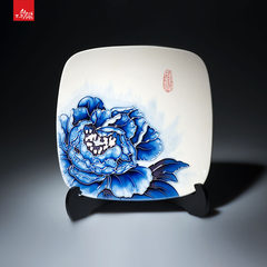 Three color art handicrafts peony square ceramic blue and white decoration room desktop Wedding Gift Set