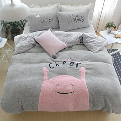 Baby wool four-piece set with autumn and winter thickening cartoon bed products thermal suite coral velvet crystal fleece bed hat style bedspread small monster grey 1.5m (5 ft) bed