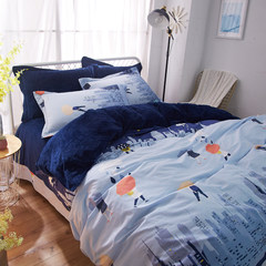 Thickened crystal fleece four-piece set thickened all-cotton cartoon flannel thermal suite bedclothes winter first love 1.2m (4ft) bed