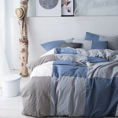 Nordic simple grid is set with water washed cotton four-piece set of cotton 100% cotton bed sheets bonin bare bedclothes bedclothes bedclothes godzilla [denim blue] 1.5m (5ft) bed