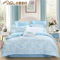 Mercury home textile, cotton twill printing four sets, Qingxi bedding 2017 new suite Qing Jian (light blue) 1.5m (5 feet) bed