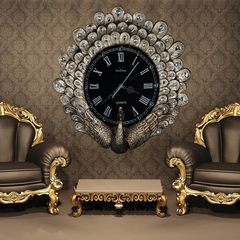 复古 高档装饰挂钟美式现代艺术客厅钟表 树脂创意家居欧式表孔雀 20英寸