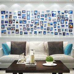 A wall photo wall photo frame wall modern living room background wall creative retro living room bedroom hanging wall photo frame combination 108K white blue combination