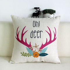 Flower deer creative cotton linen sofa pillow love gift office cushion Nordic deer American style back rest pillow cover 53X53 cushion cover (without core) flower deer antlers