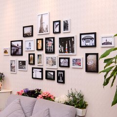 European style living room photo wall, photo frame wall, home decoration picture frame, background wall, children's photo frame, wall hanging picture frame Black and white building + dandelion wall stickers