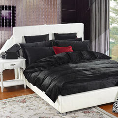 韩版单双人纯色加厚珊瑚绒四件套床品套件床单式冬季保暖被套 极金黑 床笠式 1.2m（4英尺）床