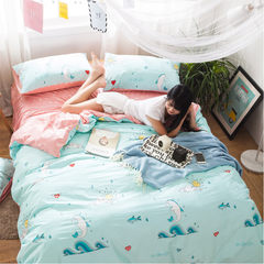 Simple cotton four piece 1.5m1.8m bedding, full cotton cartoon, small fresh bed sheet, quilt cover, bedclothes, bed sheet, sea and sky 1.5m (5 feet) bed.