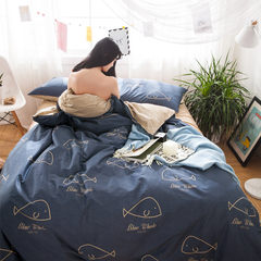 Simple cotton four piece 1.5m1.8m bedding, full cotton cartoon, small fresh bed sheet, quilt cover, bedclothes, bed sheet, small whale, blue cafe 1.5m (5 ft) bed.
