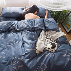 Simple cotton four piece 1.5m1.8m bedding, full cotton cartoon, small fresh bed sheet, quilt cover, bedclothes, bed sheet, small whale blue 1.5m (5 ft) bed.