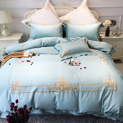 European Court embroidery four sets of cotton quilt, bed linen, bedding, cotton suite, double 1.8m solid color Seven piece suit Style blue 1.5m (5 feet) bed