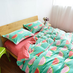 Good quality Nordic simple thickening flannel thermal fleece four-piece French fleece bedspread type winter double 1.8m set watermelon ryutaro French fleece four-piece set of 2.0m bed (suitable for 220*240cm quilt)