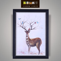 Han Ya oil painting landscape painting animal Lutong vertical banner deer entrance corridor bedroom Feng Shui lucky European painting 23 cm *28 cm Oil film laminating + low reflective organic glass