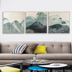Modern new Chinese style mountain decoration painting, living room, bedroom, restaurant triple painting, pure hand painting abstract oil painting 80*80 Simple white clean frame Oil film laminating + low reflective organic glass