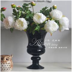 The new classical style glass glass vase black foot high flower Florist floral decor accessories Home Furnishing Black Vase +12 white peony