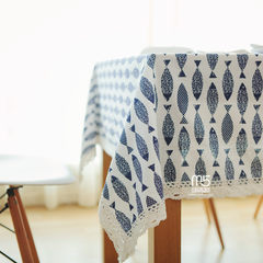 ZAKA Nordic cotton and hemp rectangular tablecloth day and coffee table tablecloth, Japanese cloth art square imitation linen table blue and white porcelain fish 80*80cm
