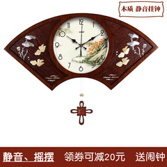 Creative new Chinese Korean Zhaocai landscape fan wood living room wall clock clock swing quartz clock 004 20 inches