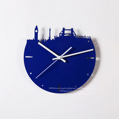 The creative personality of modern minimalist living room bedroom wall round watch mute City silhouette blue Pendant 10 inches