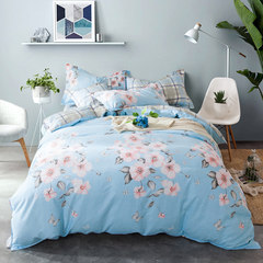 Xin Sha home textile four cotton piece cotton bedding 1.5 quilt sheets 1.8m simple bed 4 suite blue blue Huahai 1.5m (5 ft) bed