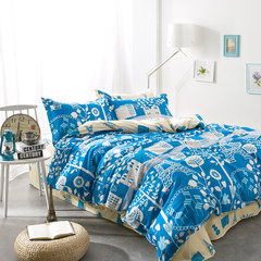 全棉斜纹印花四件套 蓝色 床单 床品 被套 套件 蓝色巴黎 1.0m（3.3英尺）床