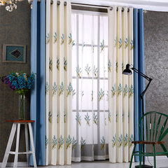 Custom Nordic cotton and linen curtain stitching simple modern bedroom book room beautiful style embroidered curtain finished product without curtain head + flat blue branch cloth - white embroidered cloth picture splicing