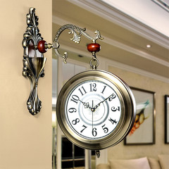 欧式钟表双面挂钟客厅大号吊钟静音石英钟金属豪华时钟简约装饰表 16英寸 合金银