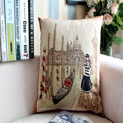 Retro wind Bar Cafe pillow, European and American nostalgic French Street illustration cotton and linen cushion model room waist pillow large (55*30 cm)