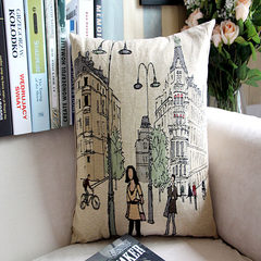Retro wind Bar Cafe pillow, European and American nostalgic French Street illustration cotton and linen cushion model room waist pillow large (55*30 centimeter) language laugh.