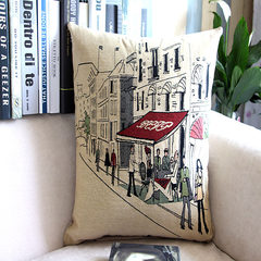 Retro wind Bar Cafe pillow, European and American nostalgic French Street illustration cotton and linen cushion model room waist pillow large (55*30 cm) floating around
