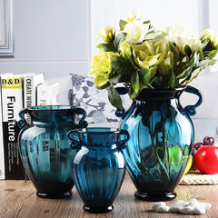 European style color glass vase green flower hydroponic creative dining table decoration decoration flowerpot inserted Retro Two ears blue vase [extra large]