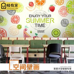 Cartoon color hand-painted fruit ice cream dessert, milk tea ice cream shop wallpaper, ice room restaurant stereo wood wallpaper [import] waterproof and adhesive free PVC Wallpaper only
