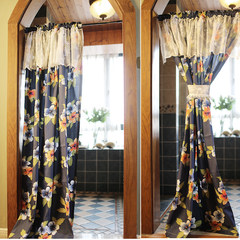[finished] American garden pure cotton blue painted curtain curtains, door cabinets, rod hooks Tile 45 cm wide, *103 high monolithic Colorful big flower [curtain]