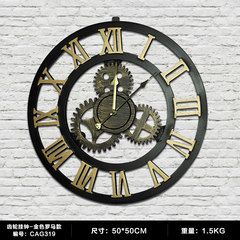 European style living room clock creative personality clock household simple modern quiet wall clock bedroom round quartz clock 14 inches gold black frame Roman style