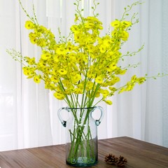 Simple european-style high-grade blue-and-blue double ear bubble glass vase with flower arrangement American sitting room transparent hydroponics large vase with 10 yellow dancing orchids