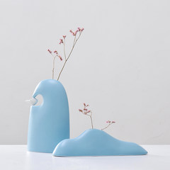 The Chinese Zen flower creative design blue flower vase Home Furnishing personality study the living room decoration 2 Piece Set + dried flower 02