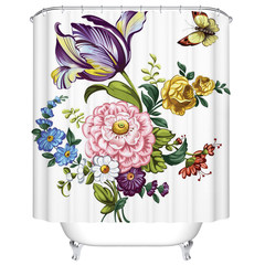 Waterproof, mildew-proof and thickened bath curtain fabric imported from Germany, terylene curtain for pastoral bathroom curtains, broken curtain, hanging ring peony flowers, 200* 180cm wide
