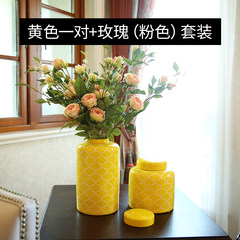 欧式客厅陶瓷花瓶花艺套装摆件 现代创意家居桌面花器装饰品摆设 黄色一对+玫瑰粉色套装