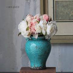 The European and American Home Furnishing decoration Retro Old ceramic vase floral TV cabinet table decorations Vase +2 bunch of peony (1 White 1 powder)